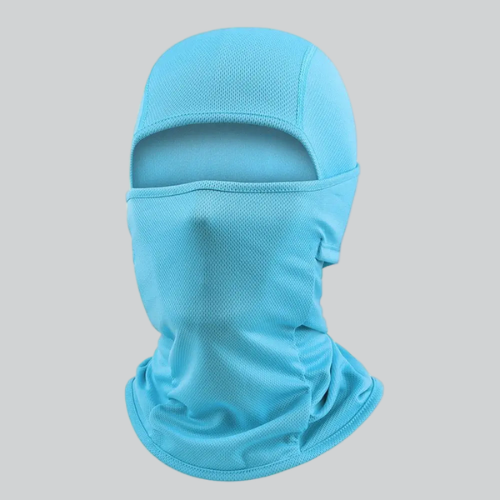 Light blue balaclava ski mask covering head and neck, perfect for winter sports