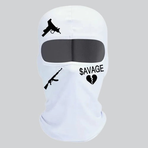 White Army Balaclava with Gun Graphics and SAVAGE Text for Stylish, Bold Looks