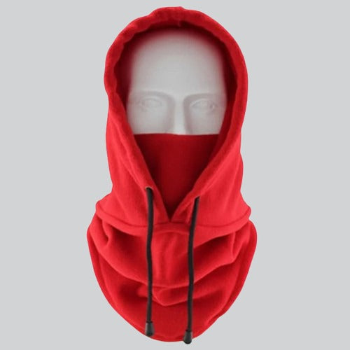 Red hooded baklava hood neck gaiter with drawstrings from Somerville collection