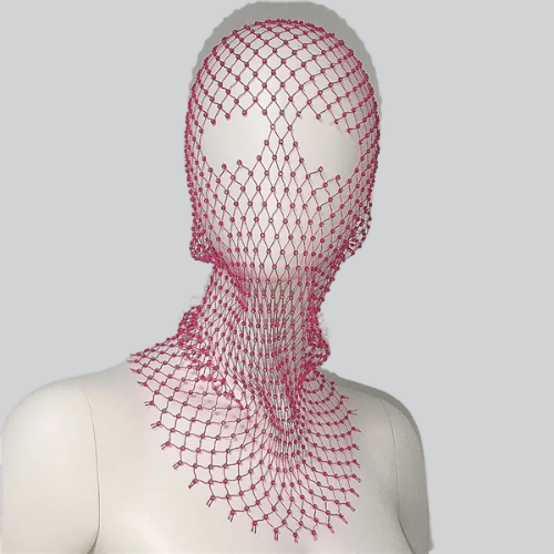 Pink fishnet mask on mannequin head showcasing Balaclava Design - Lewisville product