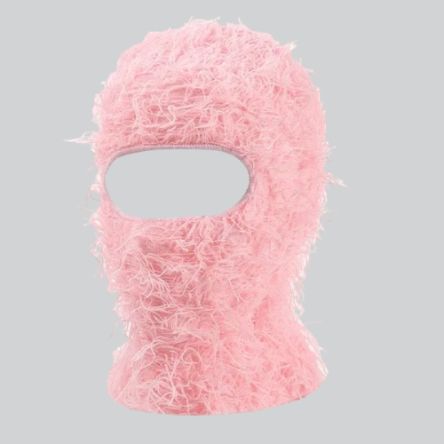 Pink fluffy balaclava distressed knitted ski mask with eye opening from Round Rock