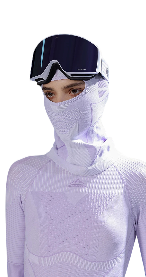 Skier in white thermal gear and ski goggles, ideal for motorcycle riding with BALACLAVA