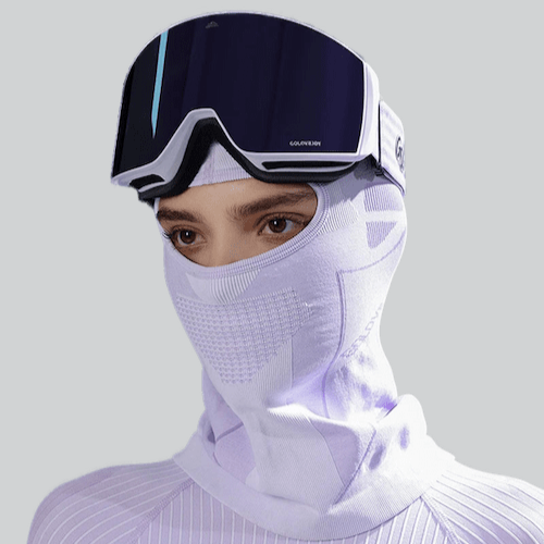 Ski goggles over a white balaclava for motorcycle riding with Lincoln product details