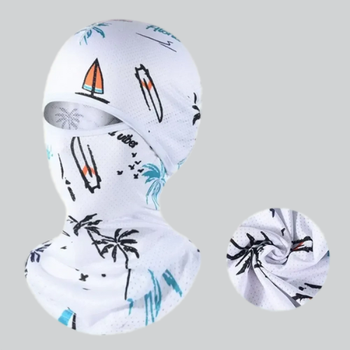 Mannequin head with colorful beach-patterned balaclava for running by Henderson