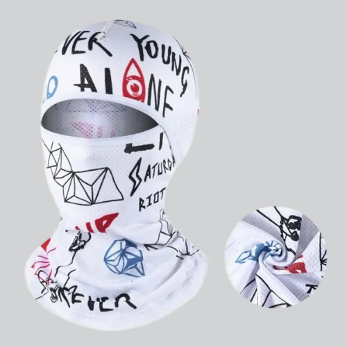 White balaclava for running in cold with stylish graphic designs and text for Greensboro