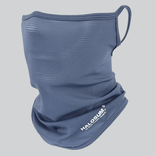 Blue balaclava half mask with textured pattern and brand logo for face covering