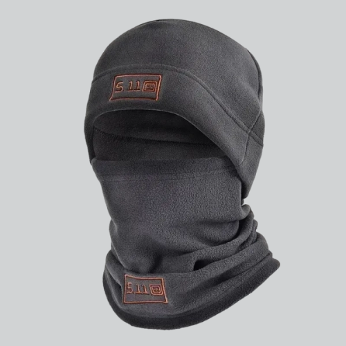 Dark gray fleece balaclava hat for women with 5.11 logo patches, stylish and warm