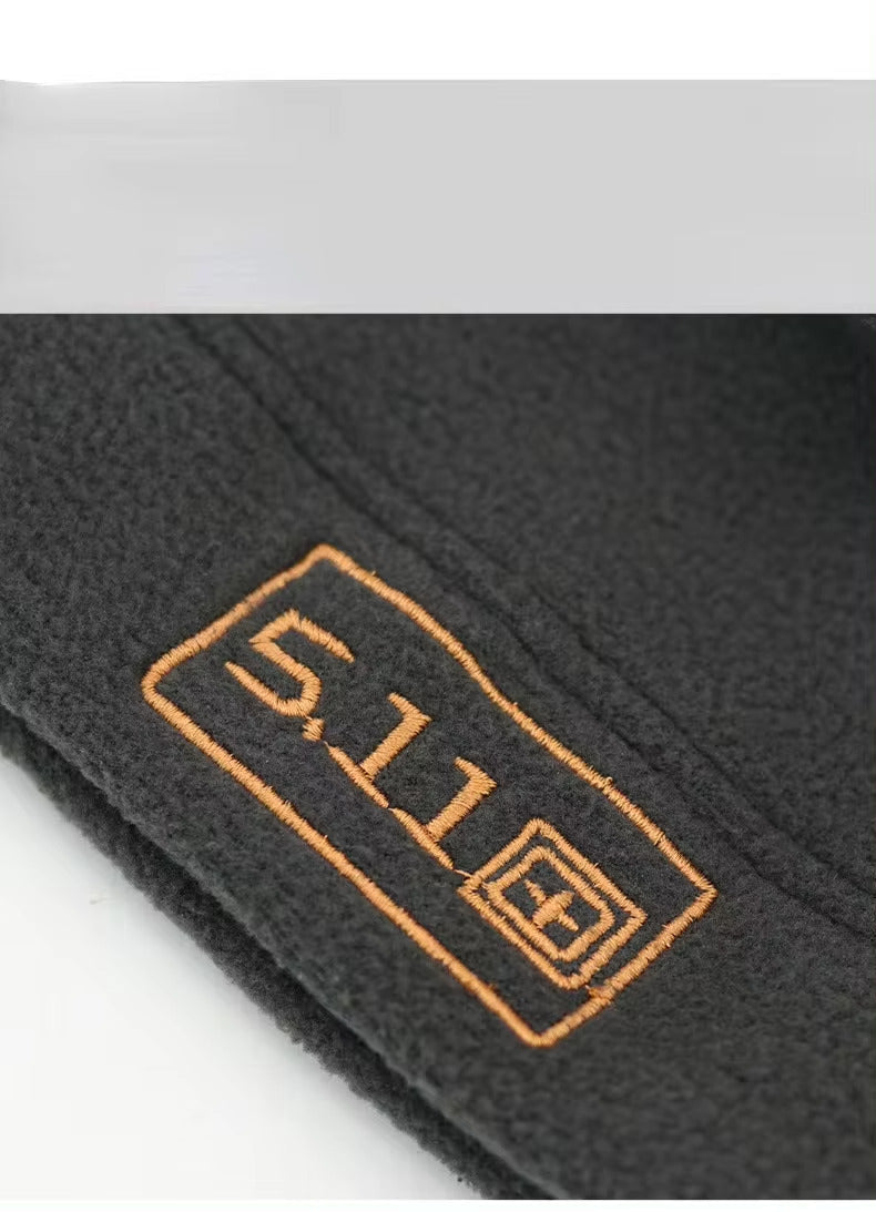 Black leather balaclava hat for women featuring orange embroidered 5.11 logo