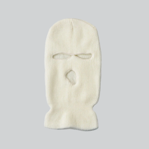 White knit balaclava with openings for eyes and mouth, perfect for outdoor activities