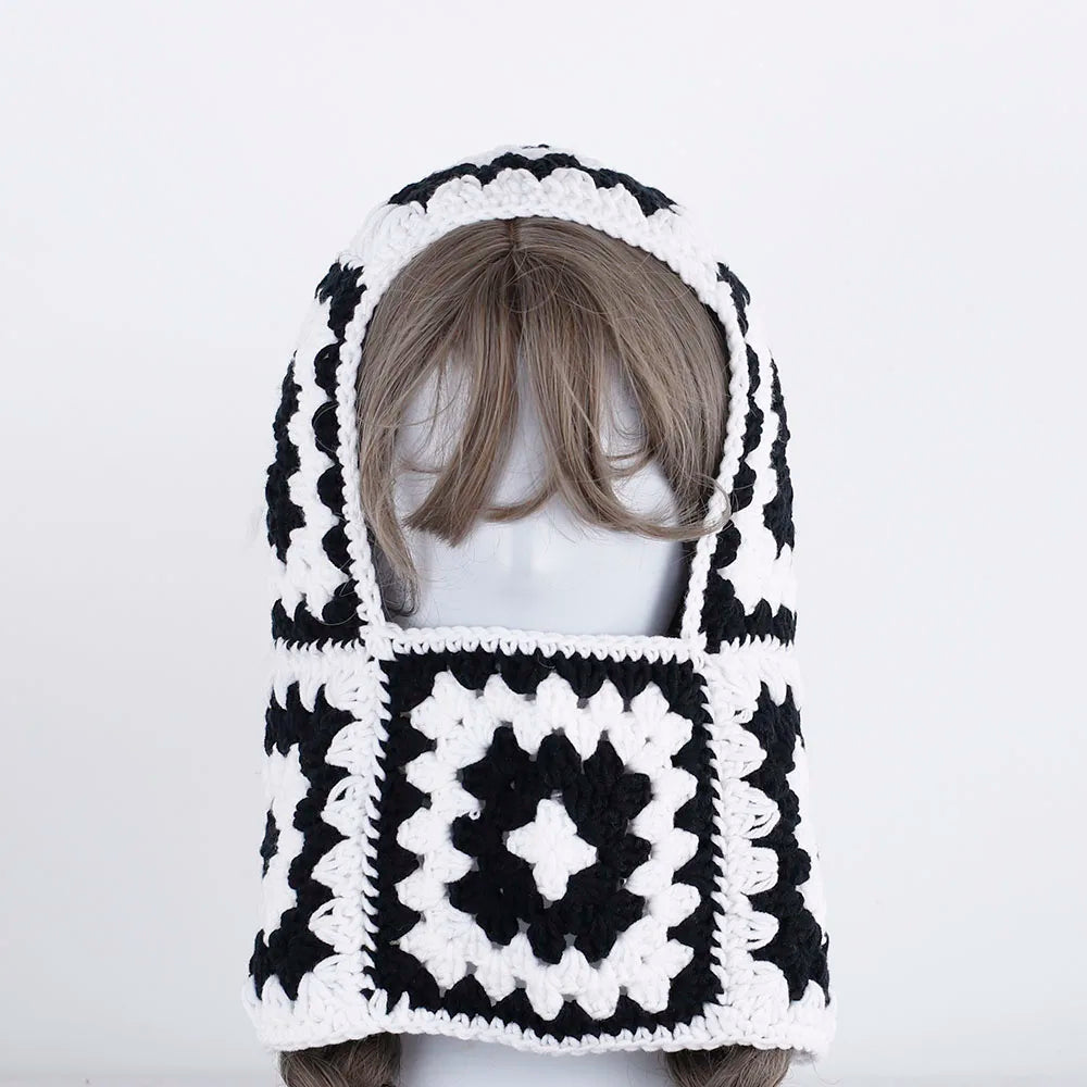 Crocheted black and white hooded Balaclava Knit Womens Peoria with granny square pattern