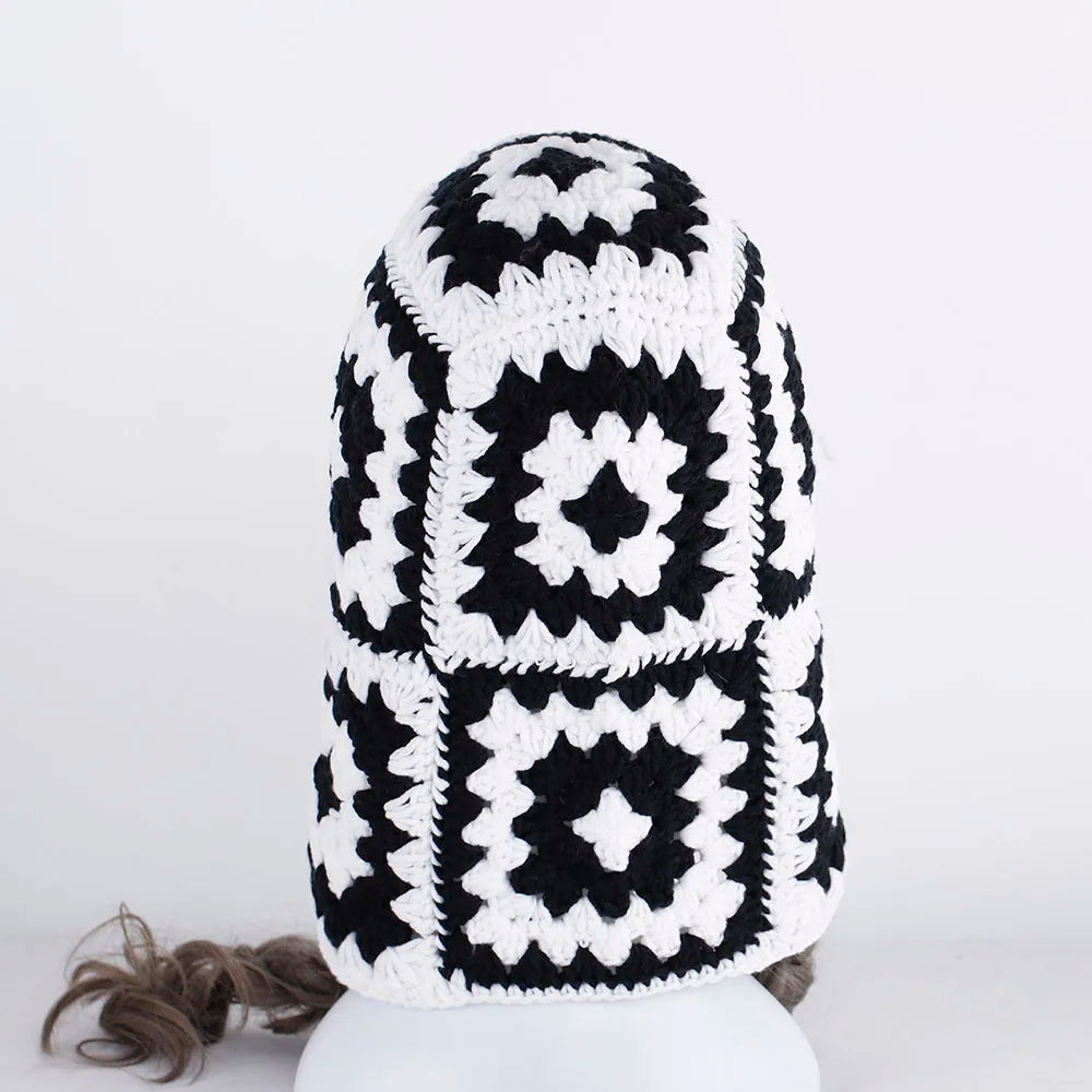 Crocheted black and white Balaclava Knit Womens hat with a geometric square pattern