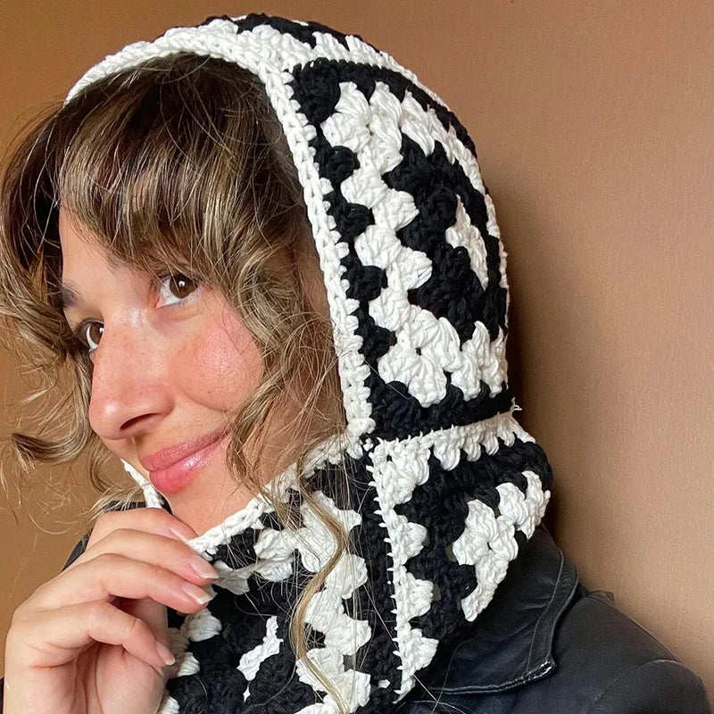 Crocheted black and white granny square balaclava hood for women by Peoria