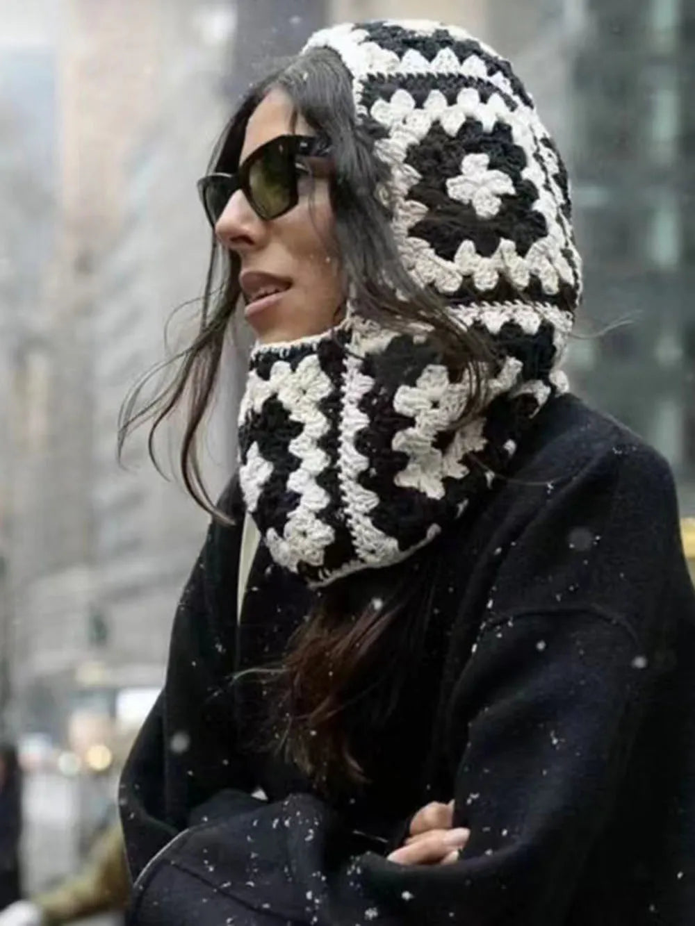 Crocheted black and white hood worn in snowy weather, BALACLAVA KNIT WOMENS | PEORIA