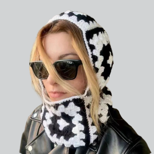 Person in black and white crocheted BALACLAVA KNIT WOMENS | PEORIA with dark sunglasses