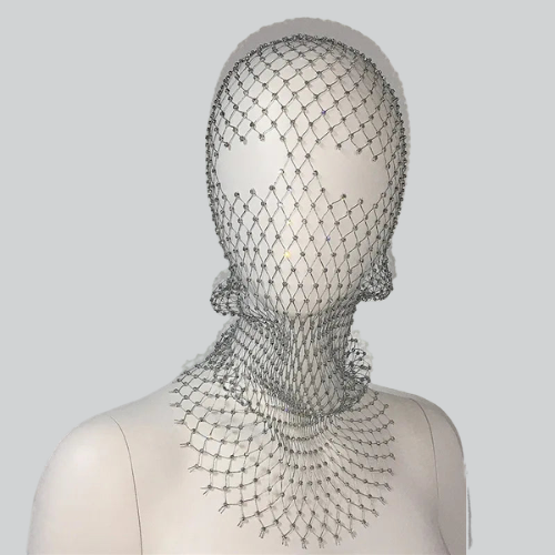 Intricate metallic mesh designer balaclava mask and neckpiece on mannequin bust