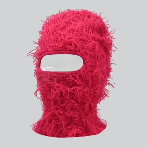 Bright pink fuzzy balaclava mask distressed with eye opening from Gainesville collection