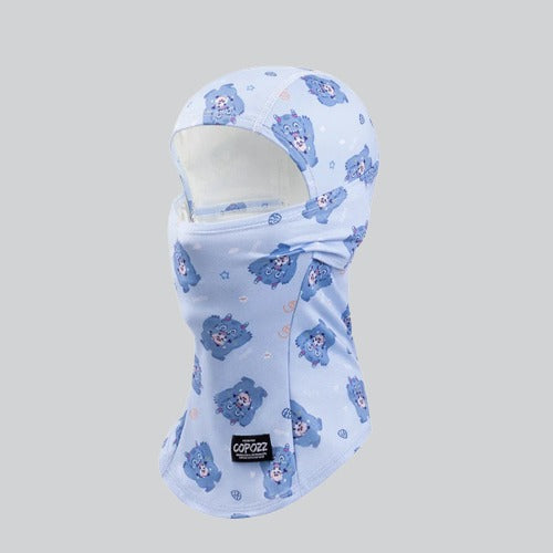 Light blue balaclava mask for kids featuring a cartoon bear face pattern from Tacoma