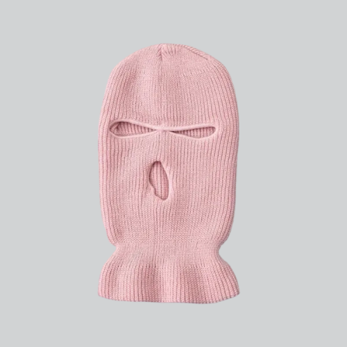 Pink knitted balaclava mask with eye and mouth openings from Bell Gardens