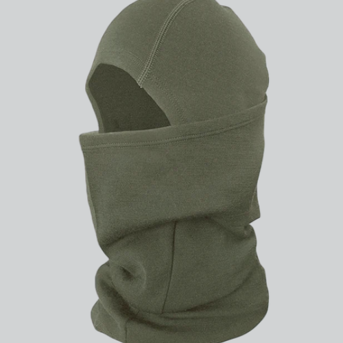 Olive green balaclava mask ski covering entire head with eye openings for warmth