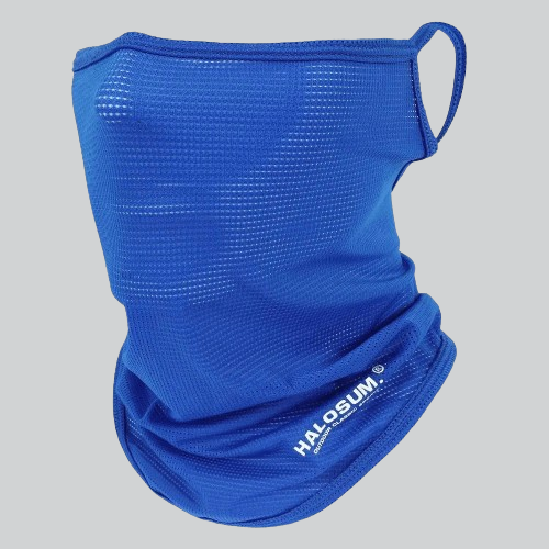 Blue balaclava mask with HALOGUARD text to stay warm in winter weather