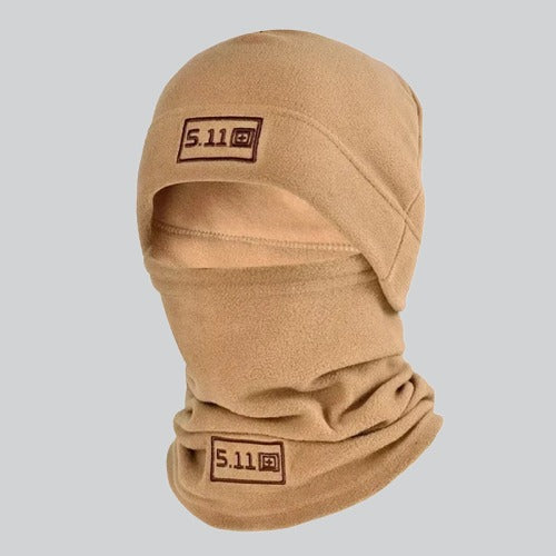 Tan tactical balaclava with 5.11 logo patches for men in West Valley City