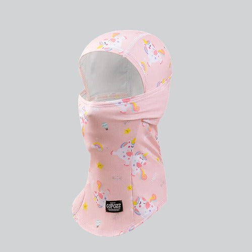 Pink balaclava hood for kids featuring a unicorn and star pattern from Rochester