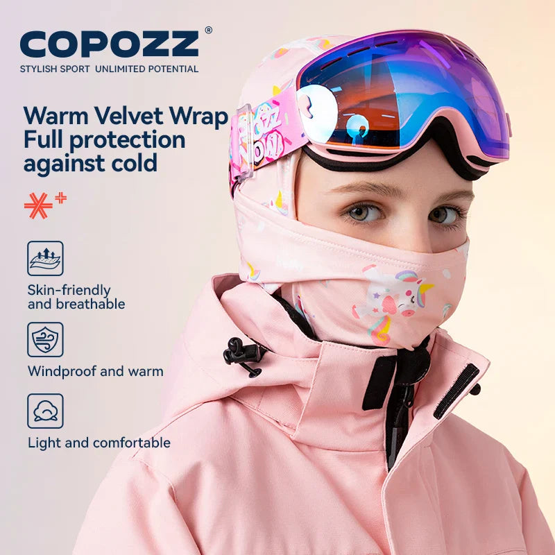 Pink winter sports jacket with face mask and ski goggles for kids by Rochester