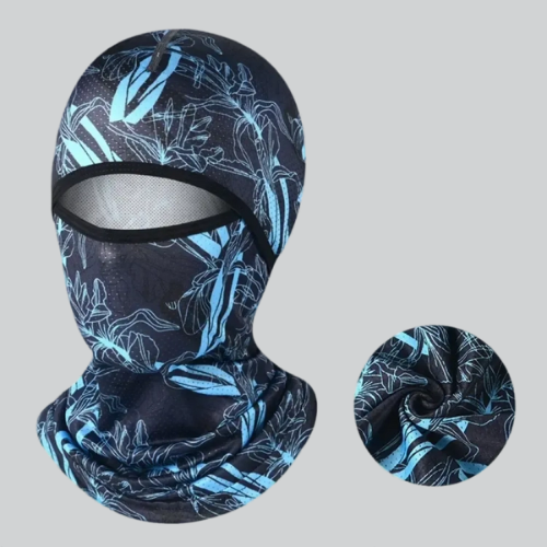 Patterned Balaclava Running Hoodie featuring blue floral designs on a dark background