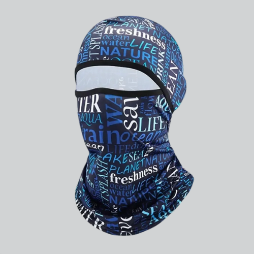 Balaclava Running Mask featuring a blue and white text pattern, perfect for St. Paul