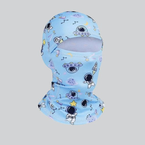 Light blue balaclava ski kids with astronauts and planets pattern for fun winter wear