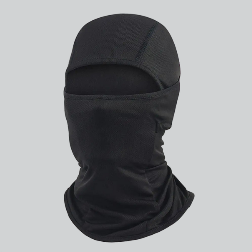 Black balaclava ski mask covering head with eye openings, ideal for outdoor activities