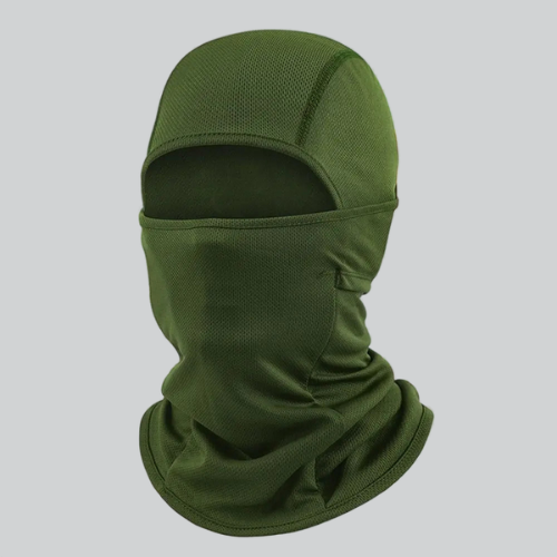 Green balaclava ski mask covering head and neck, ideal for winter sports in Baltimore