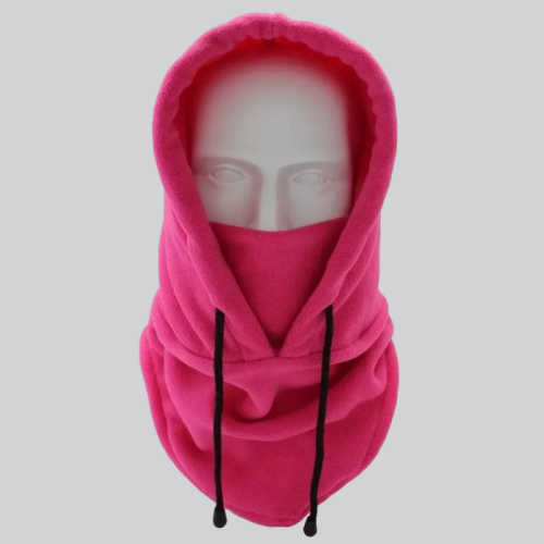 Bright pink balaclava style hat on a mannequin head for trendy winter fashion