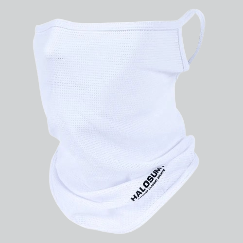 White neck gaiter or face covering with HALOEUN printed on BALACLAVA STYLE MASK BOISE