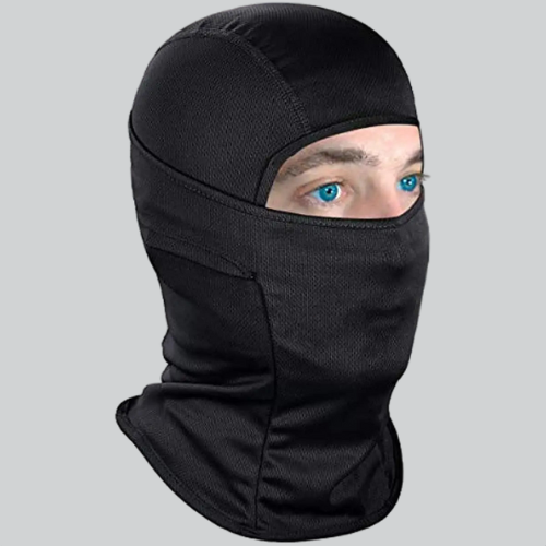 Black balaclava style ski mask with eye openings showcasing bright blue eyes