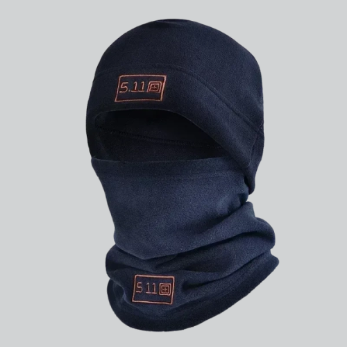 Navy blue balaclava winter hat with 5.11 logo patches featured in Clarksville product