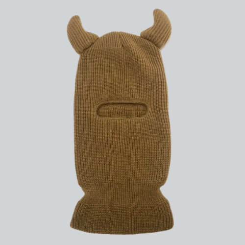 Knitted brown women’s fashion balaclava with horns and mouth opening from Palmdale