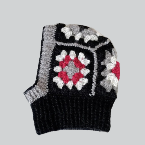 Crocheted Black Balaclava with floral pattern featuring granny squares in black, white, gray, and red