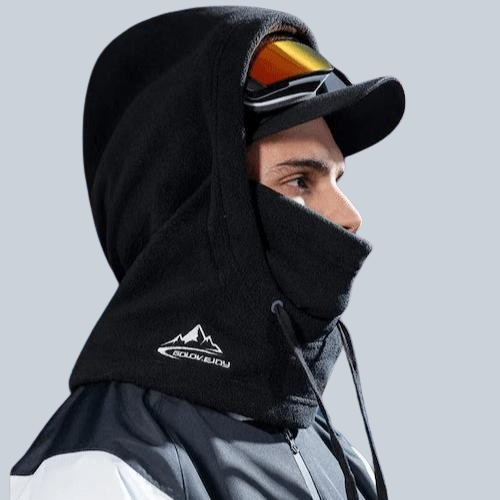 Black balaclava hood with goggles and mountain logo from Inglewood