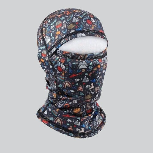 Colorful cartoon-patterned black balaclava for kids, featuring space and science motifs