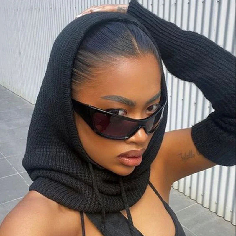 Woman in black knit balaclava and dark sunglasses showcasing BLACK BALACLAVA KNIT