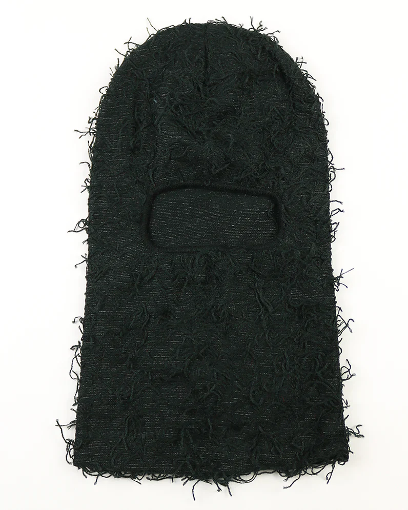 Black distressed balaclava with a fuzzy texture for stylish warmth and protection