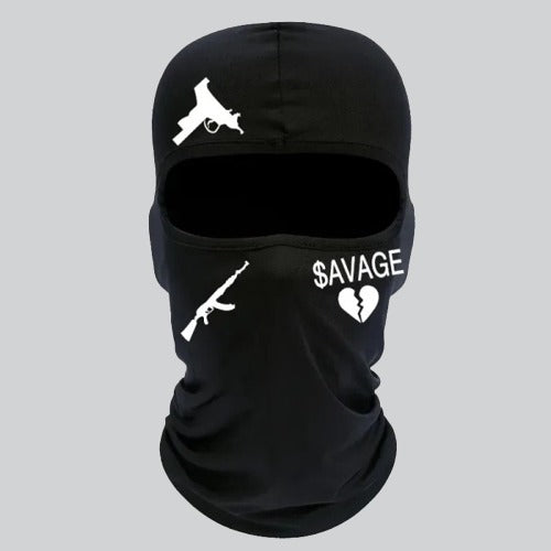 Black hunting mask featuring white gun graphics and SAVAGE text for stylish outdoor wear