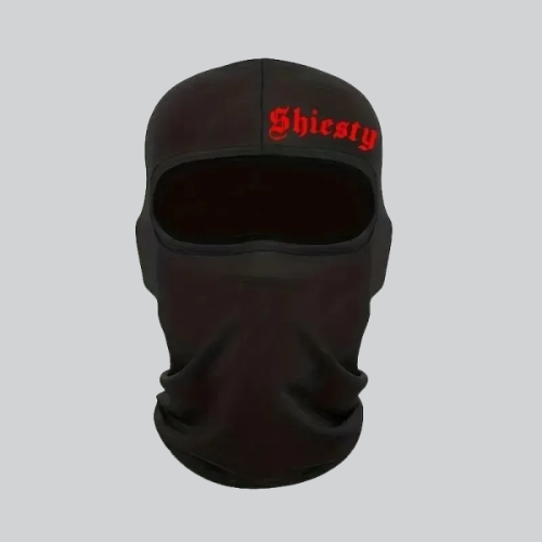 Black Pooh Shiesty mask featuring Chicago in red across the forehead area