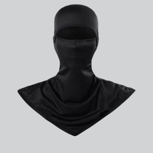 Black Shiesty Mask covering head and neck, perfect for outdoor activities in Eagan