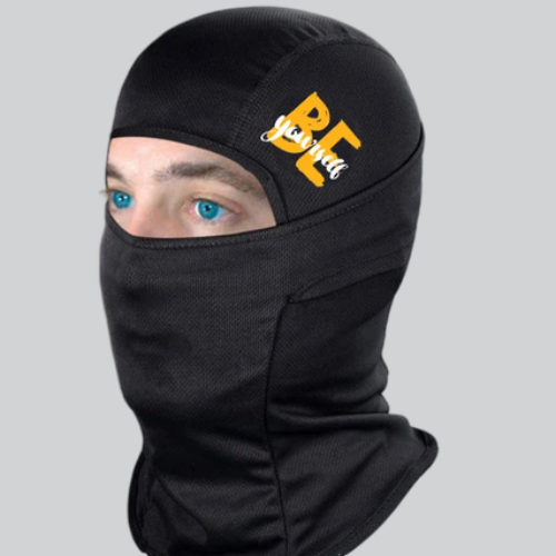 Black ski mask balaclava with BE logo and striking bright blue eyes visible