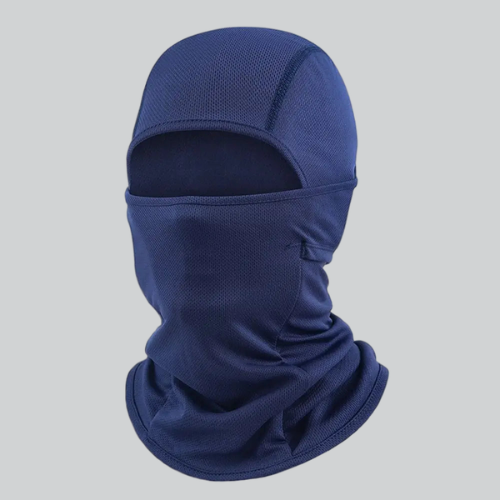 Navy blue balaclava ski mask covering head and neck for warmth and style in Fresno