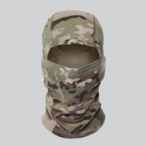 Camo Balaclava mask in camouflage pattern covering head with eye openings displayed