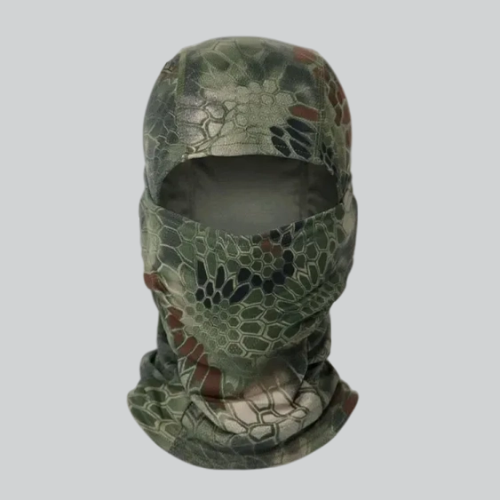 Camo wool balaclava with eye and mouth openings, ideal for outdoor adventures