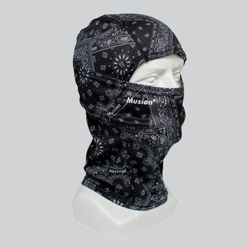 Black and gray patterned custom printed balaclava featuring Muzion logo from Elgin